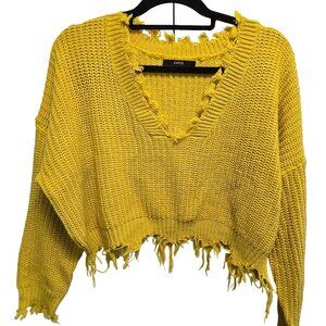 EUC ZAFUL BOLD MUSTARD YELLOW KNITTED CROPPED FRINGED HEM PULLOVER SWEATER OSFM